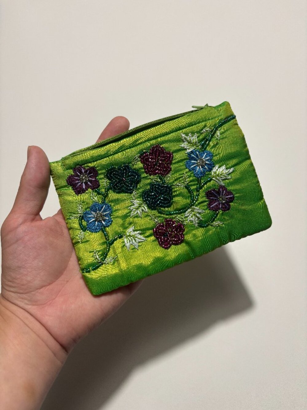Two's Company Green Purple & Blue Floral Beaded & Embroidered Coin Pouch Wallet